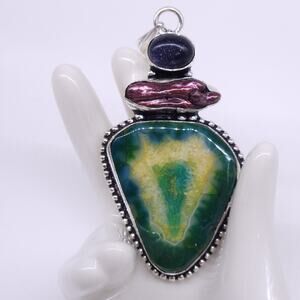 Green and Purple Agate Pendant with Freshwater Pearl (3x1.5 inches)